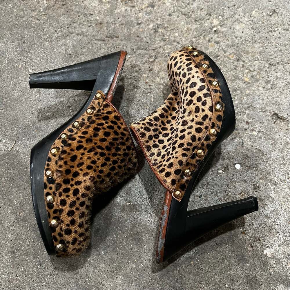 Nina Animal Print Cow Hair High Heel Platform Clogs